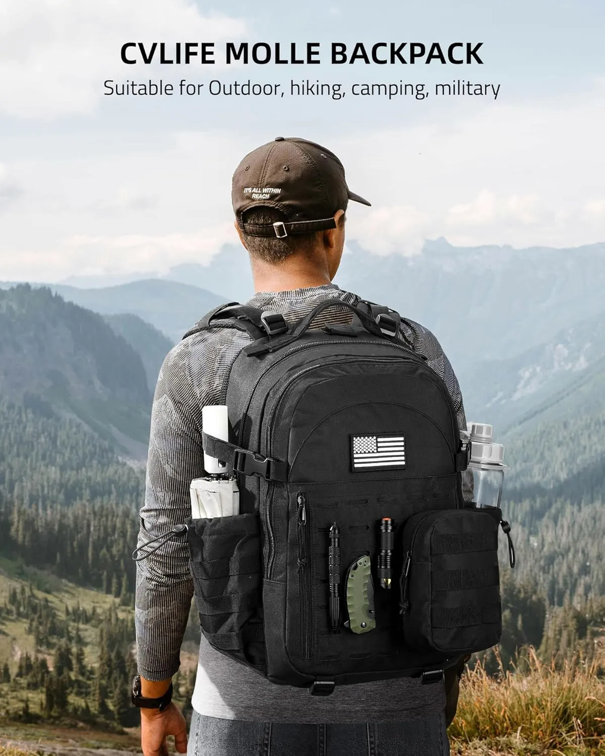 CVLIFE Tactical Backpack Military Molle Backpack for Men Women, Army Daypack with Laptop Compartment, 40L Assault Pack Rucksack Bug Out Bag for Outdoors Hiking Travel Camping, Black