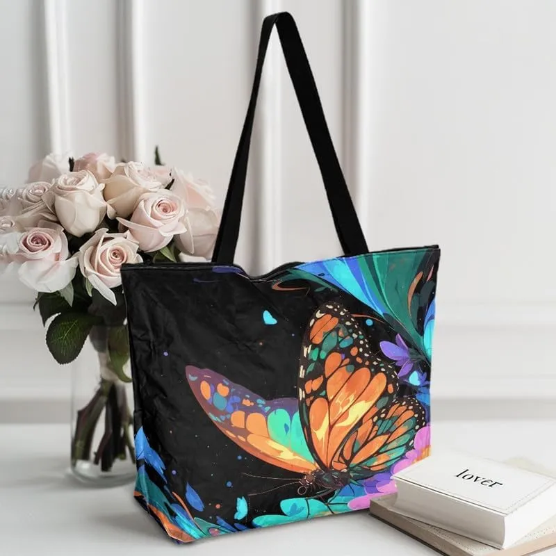Daisy Flower Eco-Friendly Paper Tote Bag, French Bulldog Collie Dog Reusable Handbag Leopard Tote Bag for Women