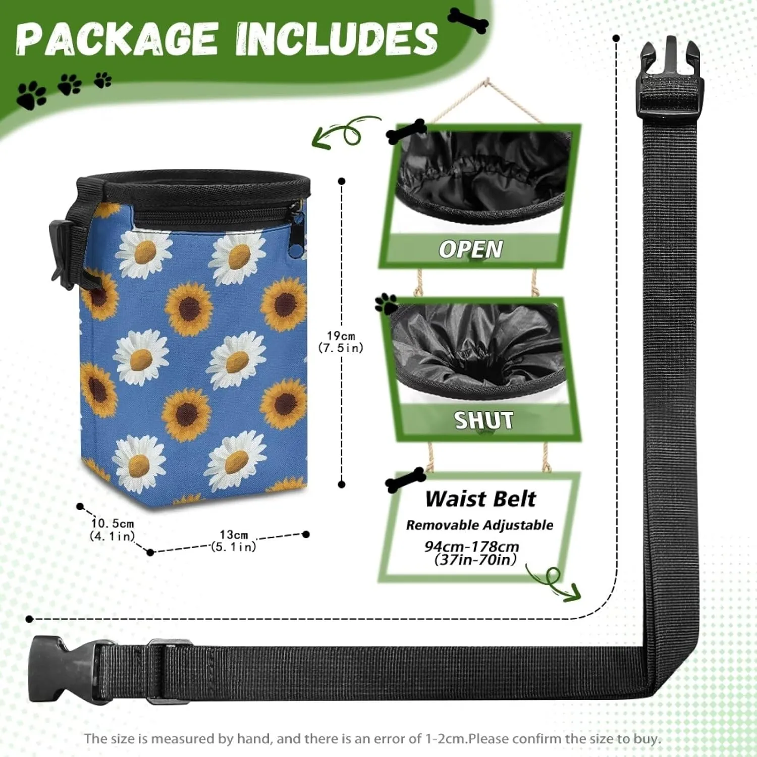Daisy Sunflower Puppy Training Pouch Treat Pouches for Pet Training, Dog Walking Bag Pet Feed Snack Reward Pouch Multiwear Treat Tote with Waist Belt Shoulder Strap