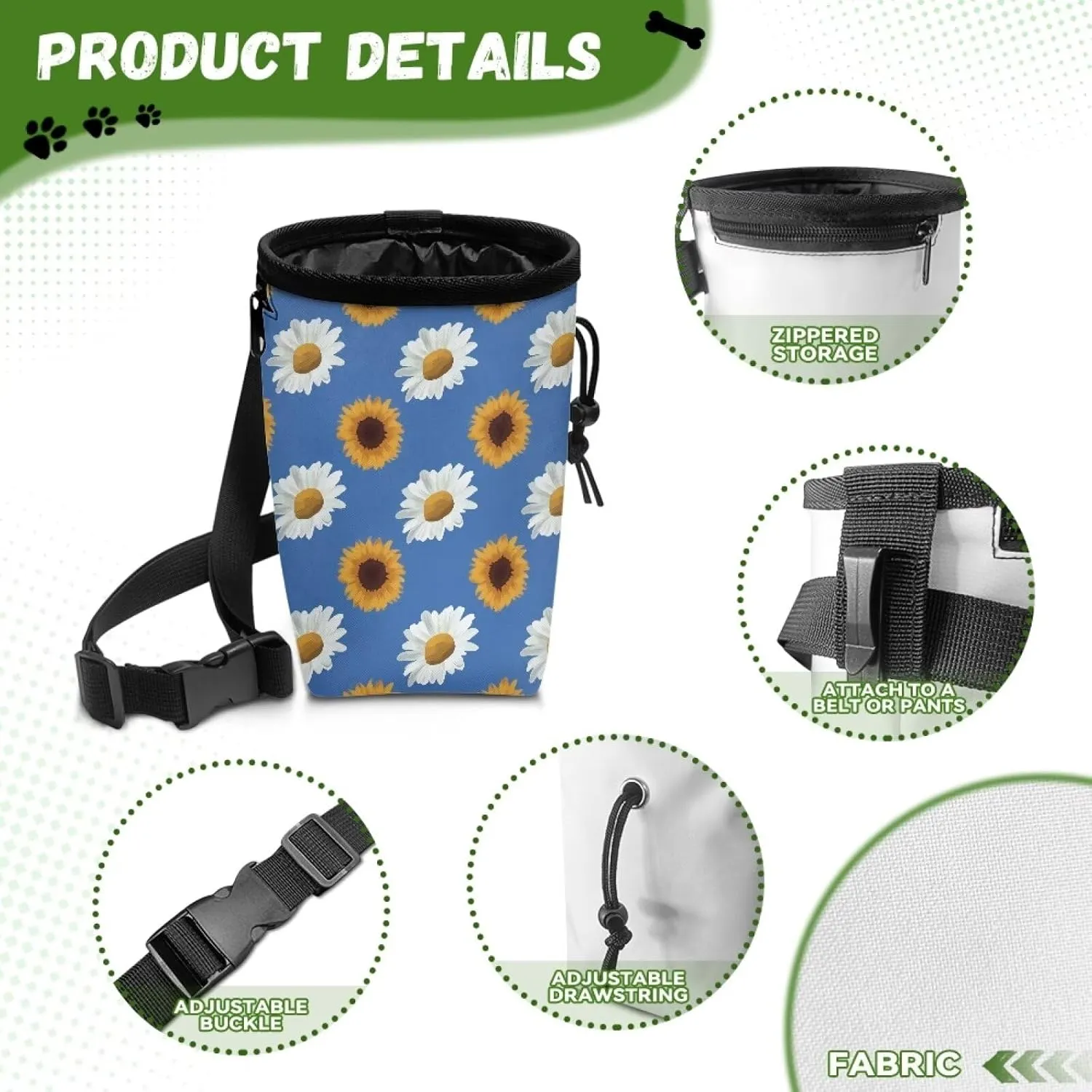 Daisy Sunflower Puppy Training Pouch Treat Pouches for Pet Training, Dog Walking Bag Pet Feed Snack Reward Pouch Multiwear Treat Tote with Waist Belt Shoulder Strap