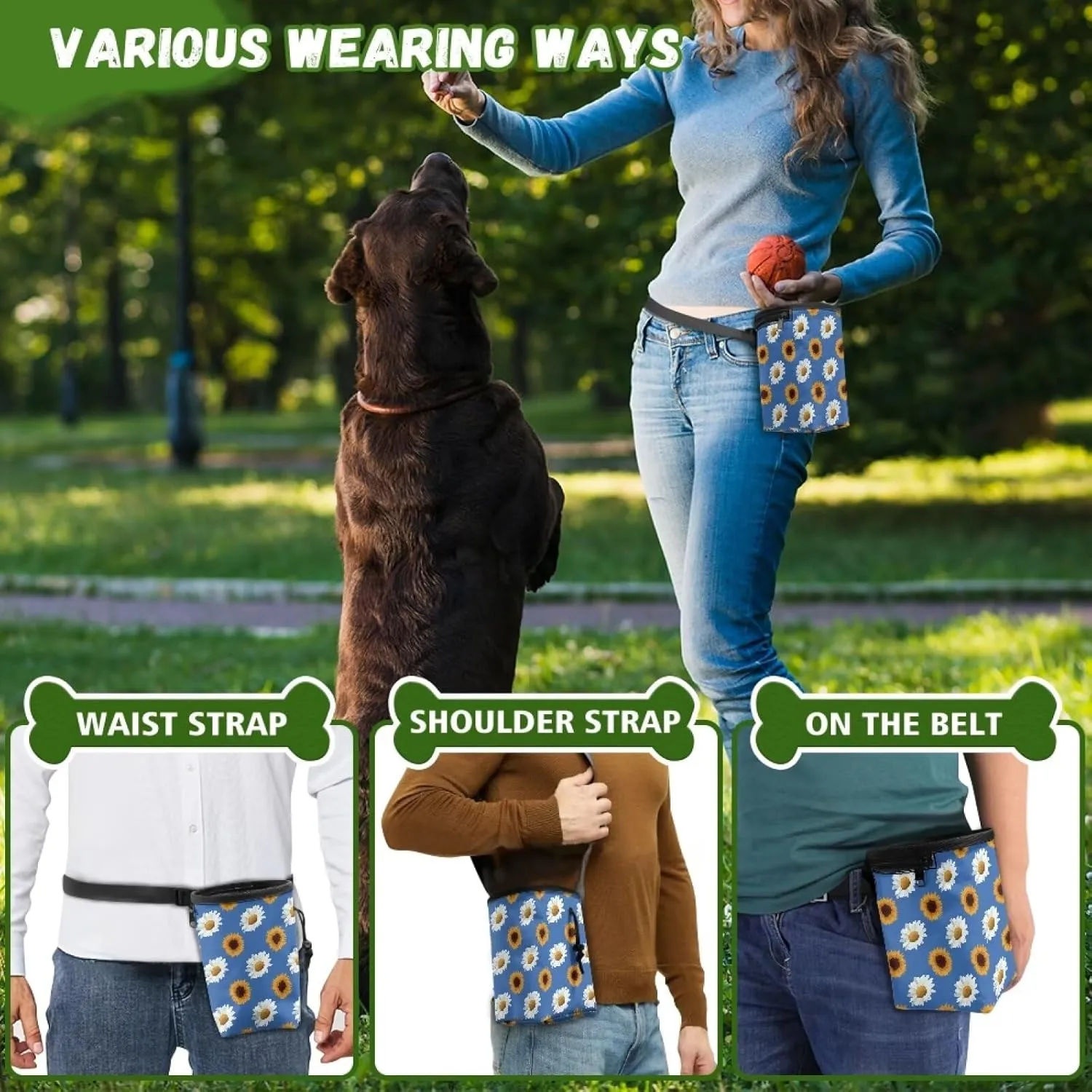 Daisy Sunflower Puppy Training Pouch Treat Pouches for Pet Training, Dog Walking Bag Pet Feed Snack Reward Pouch Multiwear Treat Tote with Waist Belt Shoulder Strap