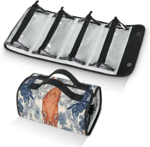 Damask Octopus Travel Toiletry Bag Clear Cosmetic Bag Organizer Waterproof Foldable Makeup Bag with 4 PVC Pouches Travel Organizer Bags for Luggage Business Trip