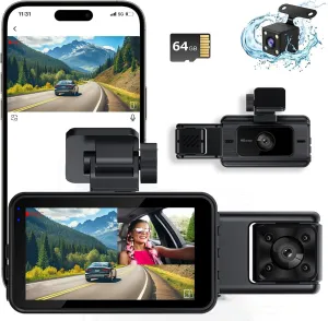 Dash Cam Front and Rear, Dash Camera for Cars, Car Camera with 64GB Card, G-Sensor, 3” IPS Screen, 24Hr Parking, 170°Wide Angle, Loop Recording, IR Night Vision，G-Sensor