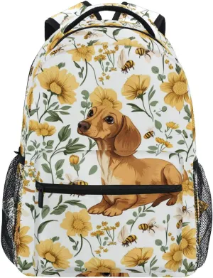 Day Backpack for Teacher Nurse Fashion Backpack with Chest Strap for College Work Cartoon Cute Dachshund Dog White