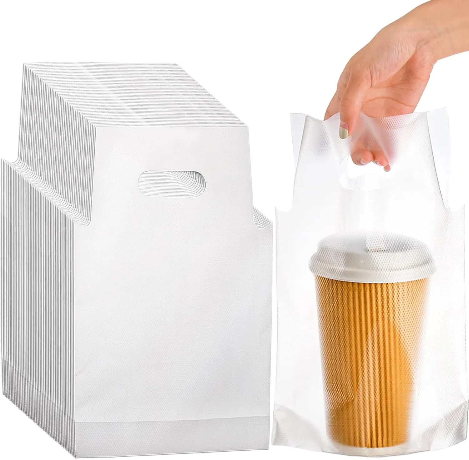 DEAYOU 500 PCS Plastic Drinking Bag for Delivery, 7.8" L x 11" H Cup Holder Container with Handle for 33 OZ Single Cup, Beverage