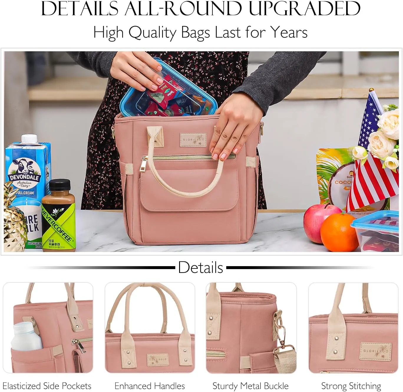 Deluxe Large Insulated Lunch Bag Box Women - Leakproof Waterproof Cooler with Multi Pockets Removable Strap for Work Picnic - Teacher Mothers Day Christmas Birthday Gifts