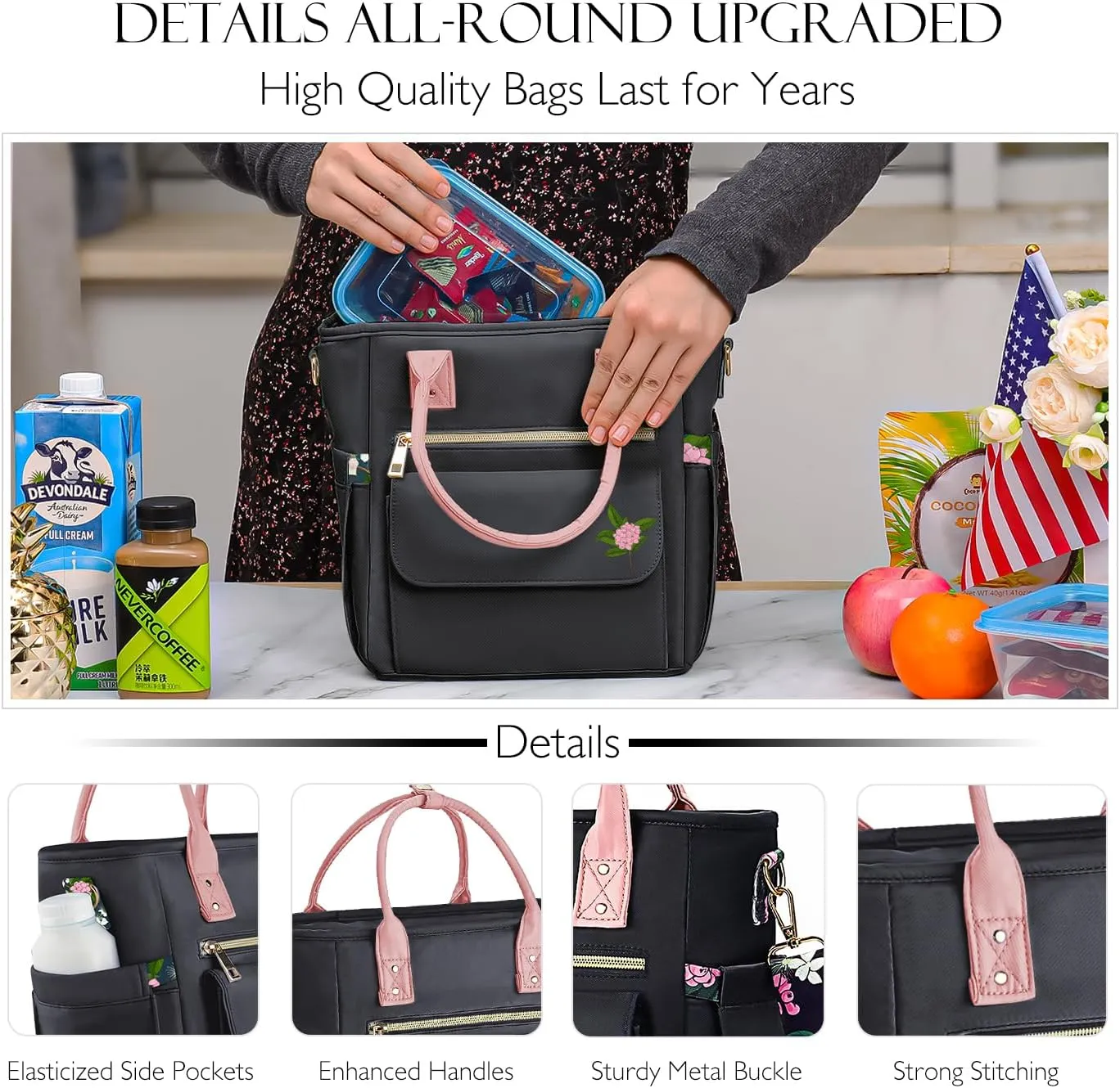 Deluxe Large Insulated Lunch Bag Box Women - Leakproof Waterproof Cooler with Multi Pockets Removable Strap for Work Picnic - Teacher Mothers Day Christmas Birthday Gifts