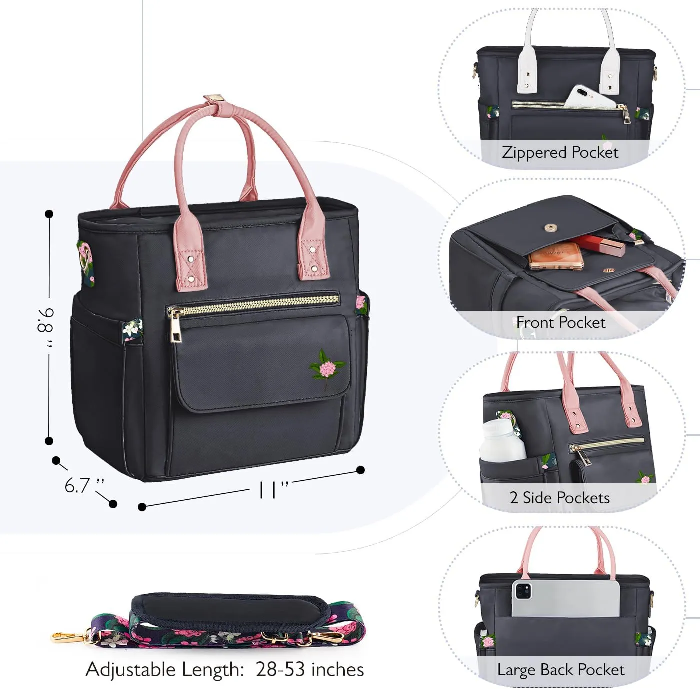 Deluxe Large Insulated Lunch Bag Box Women - Leakproof Waterproof Cooler with Multi Pockets Removable Strap for Work Picnic - Teacher Mothers Day Christmas Birthday Gifts