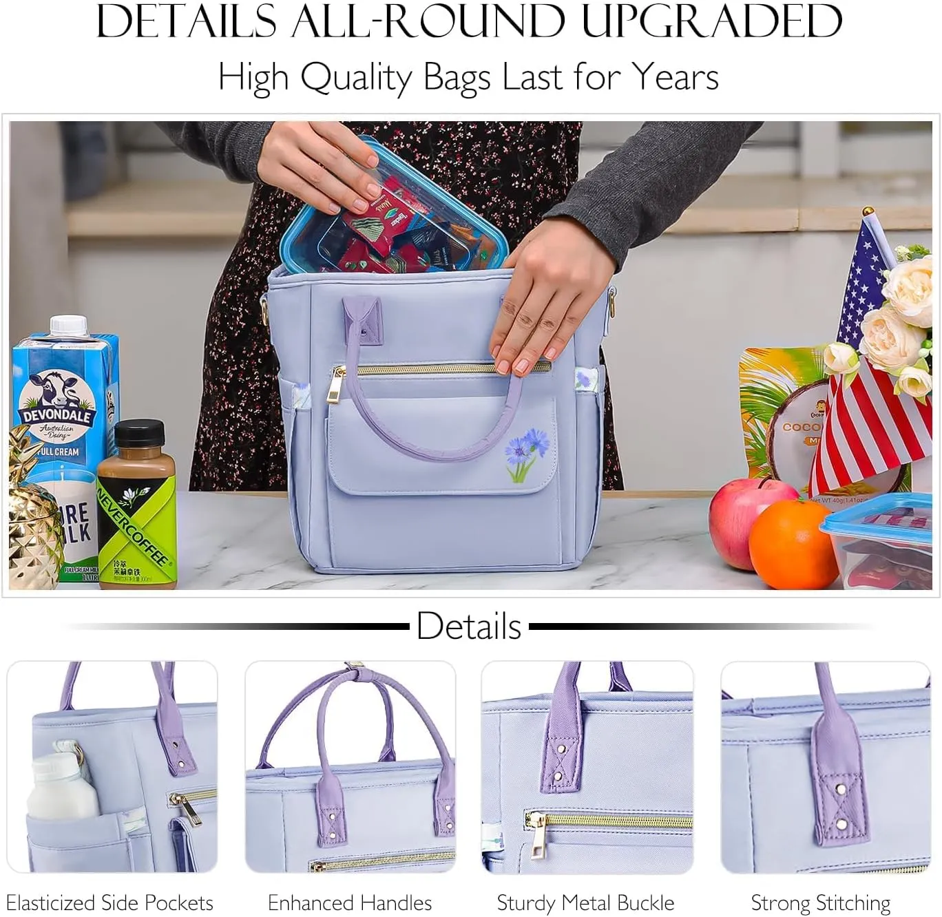 Deluxe Large Insulated Lunch Bag Box Women - Leakproof Waterproof Cooler with Multi Pockets Removable Strap for Work Picnic - Teacher Mothers Day Christmas Birthday Gifts