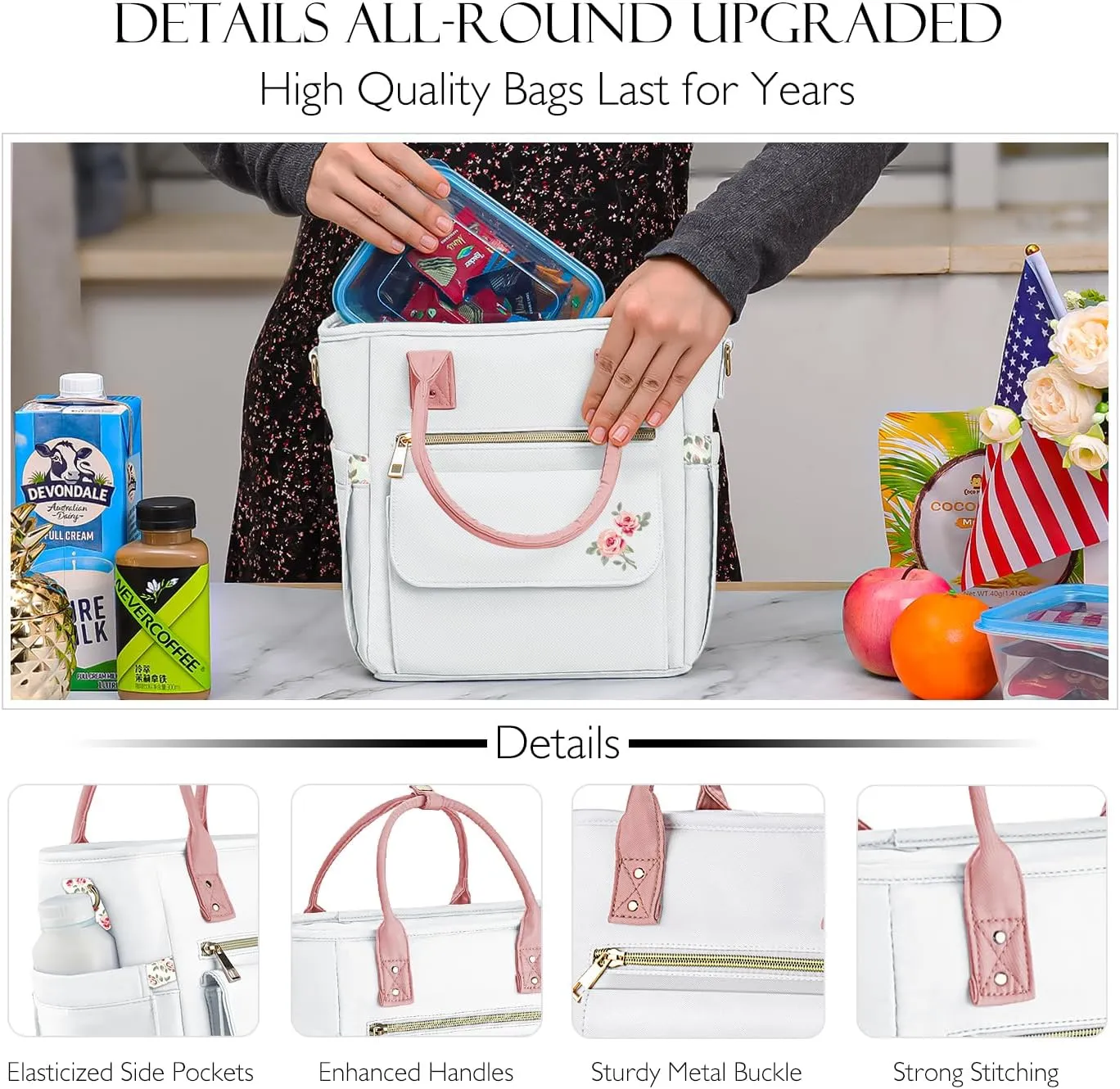 Deluxe Large Insulated Lunch Bag Box Women - Leakproof Waterproof Cooler with Multi Pockets Removable Strap for Work Picnic - Teacher Mothers Day Christmas Birthday Gifts