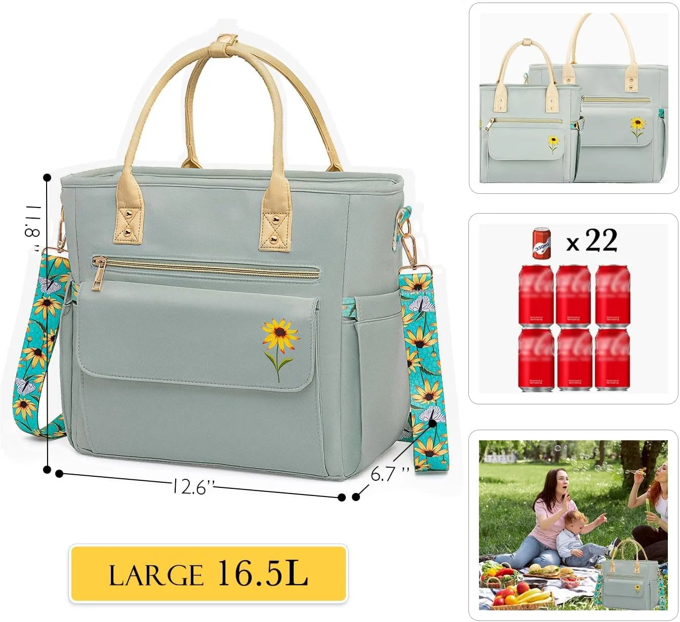 Deluxe Large Insulated Lunch Bag Box Women - Leakproof Waterproof Cooler with Multi Pockets Removable Strap for Work Picnic - Teacher Mothers Day Christmas Birthday Gifts