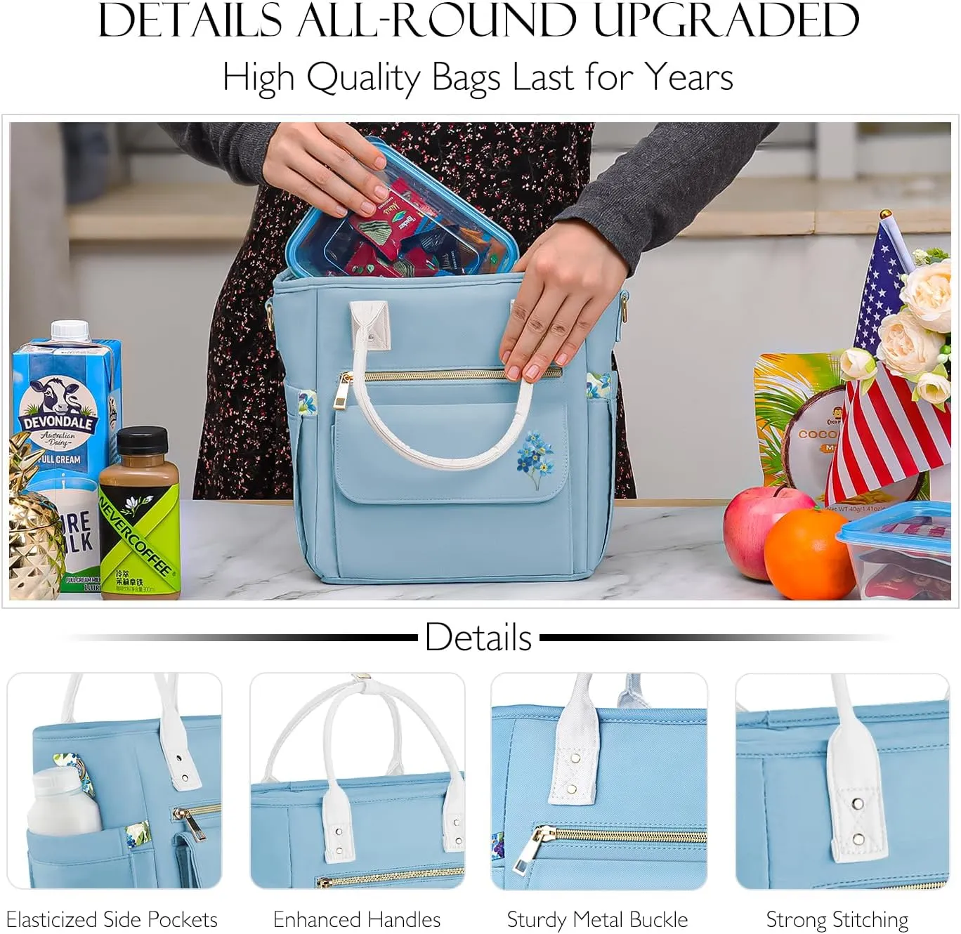 Deluxe Large Insulated Lunch Bag Box Women - Leakproof Waterproof Cooler with Multi Pockets Removable Strap for Work Picnic - Teacher Mothers Day Christmas Birthday Gifts