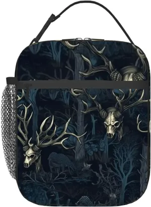 Demonic Woods Vintage Dark Stag Gothic Demon Animal Skulls created Insulated Iunch Bag for Men Woman Large Portable Waterproof Reusable Thermal Lunch Box with Pockets for Work Travel Picnic