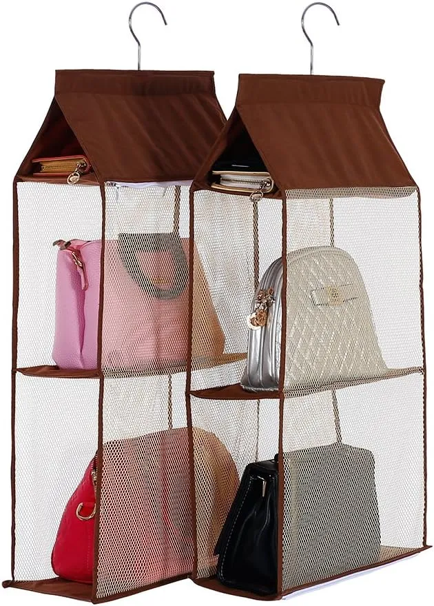 Detachable 6 Compartment Organizer Pouch Hanging Handbag Organizer Purse Bag Collection Storage Holder Wardrobe Closet Space Saving Organizers System For Living Room Bedroom Home Use(Brown)