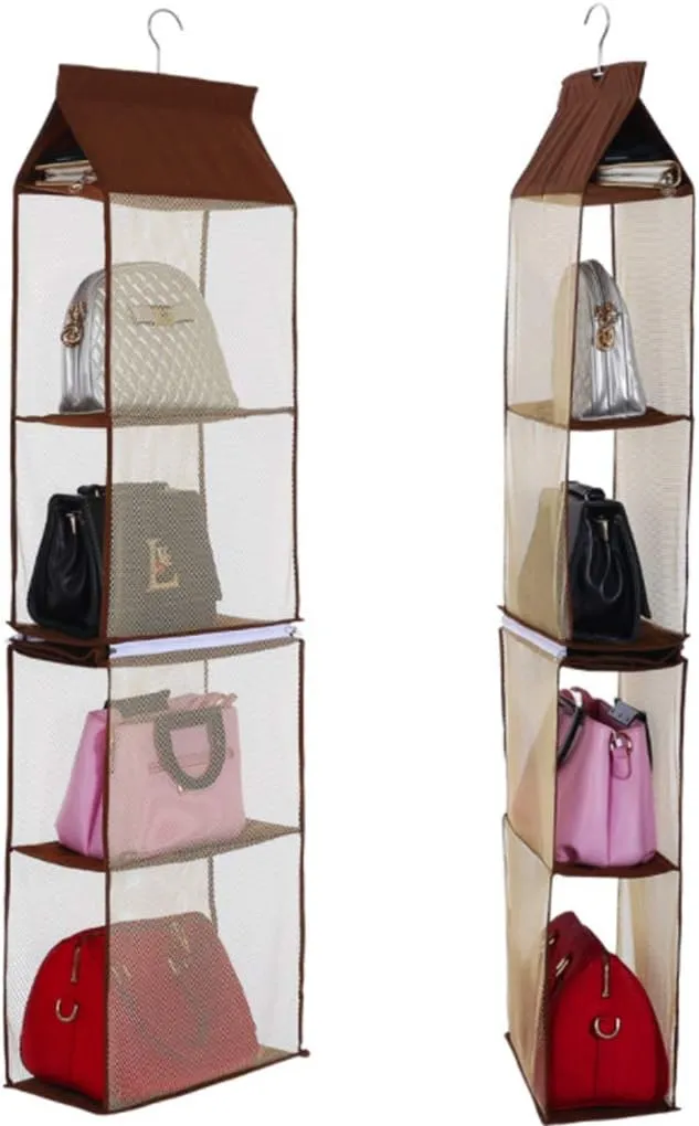 Detachable 6 Compartment Organizer Pouch Hanging Handbag Organizer Purse Bag Collection Storage Holder Wardrobe Closet Space Saving Organizers System For Living Room Bedroom Home Use(Brown)