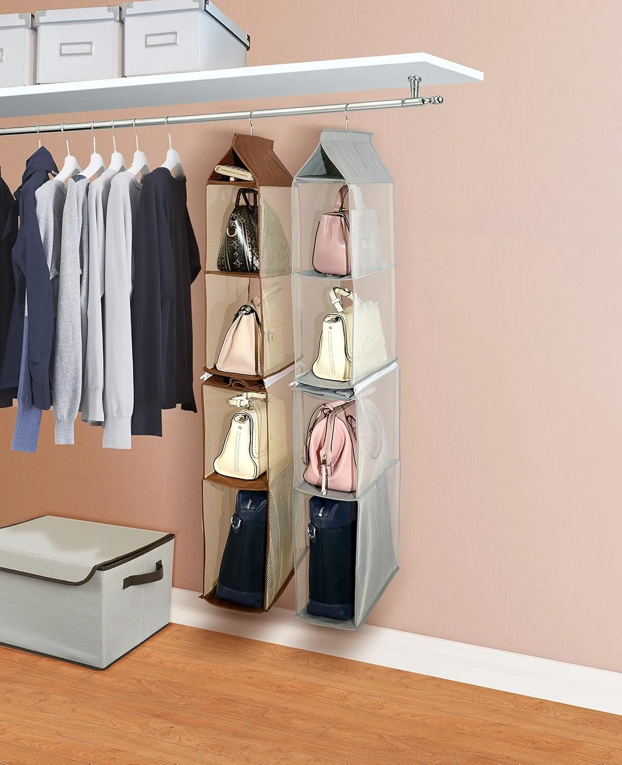 Detachable 6 Compartment Organizer Pouch Hanging Handbag Organizer Purse Bag Collection Storage Holder Wardrobe Closet Space Saving Organizers System For Living Room Bedroom Home Use(Brown)