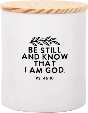 Dexsa Be Still And Know Ceramic Canister with Lid - Natural Pine Lid - Hold Utensils, Sugar, Tea Bags, Coffee Grounds, Spices, Cotton Balls, Bath Salts or Toiletries