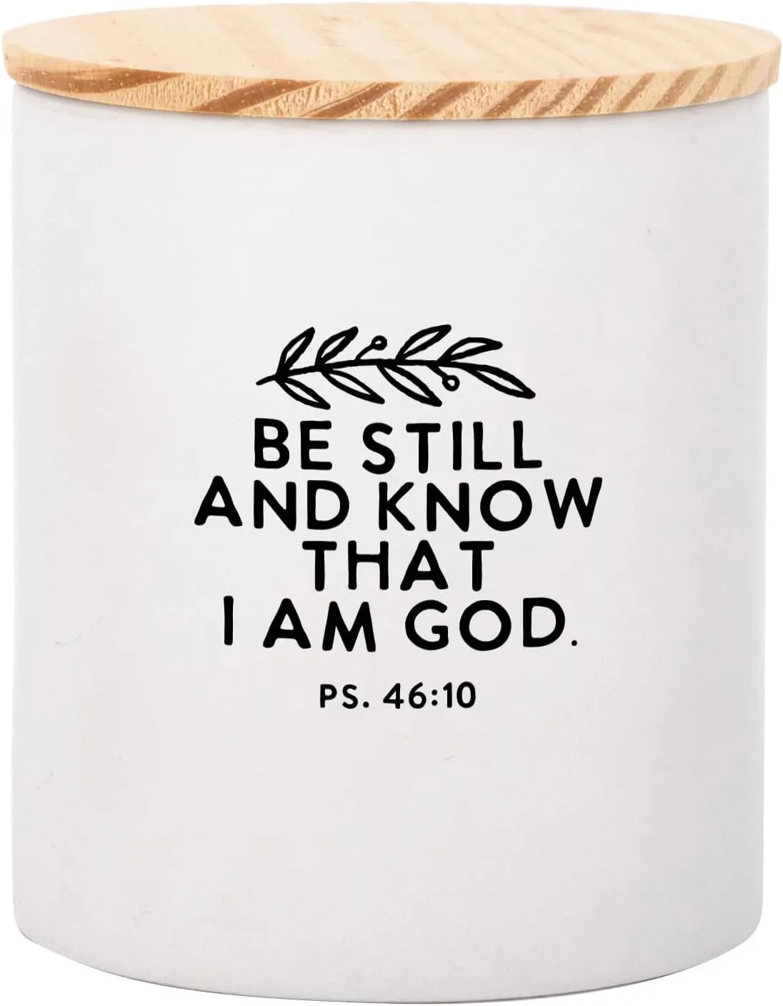 Dexsa Be Still And Know Ceramic Canister with Lid - Natural Pine Lid - Hold Utensils, Sugar, Tea Bags, Coffee Grounds, Spices, Cotton Balls, Bath Salts or Toiletries