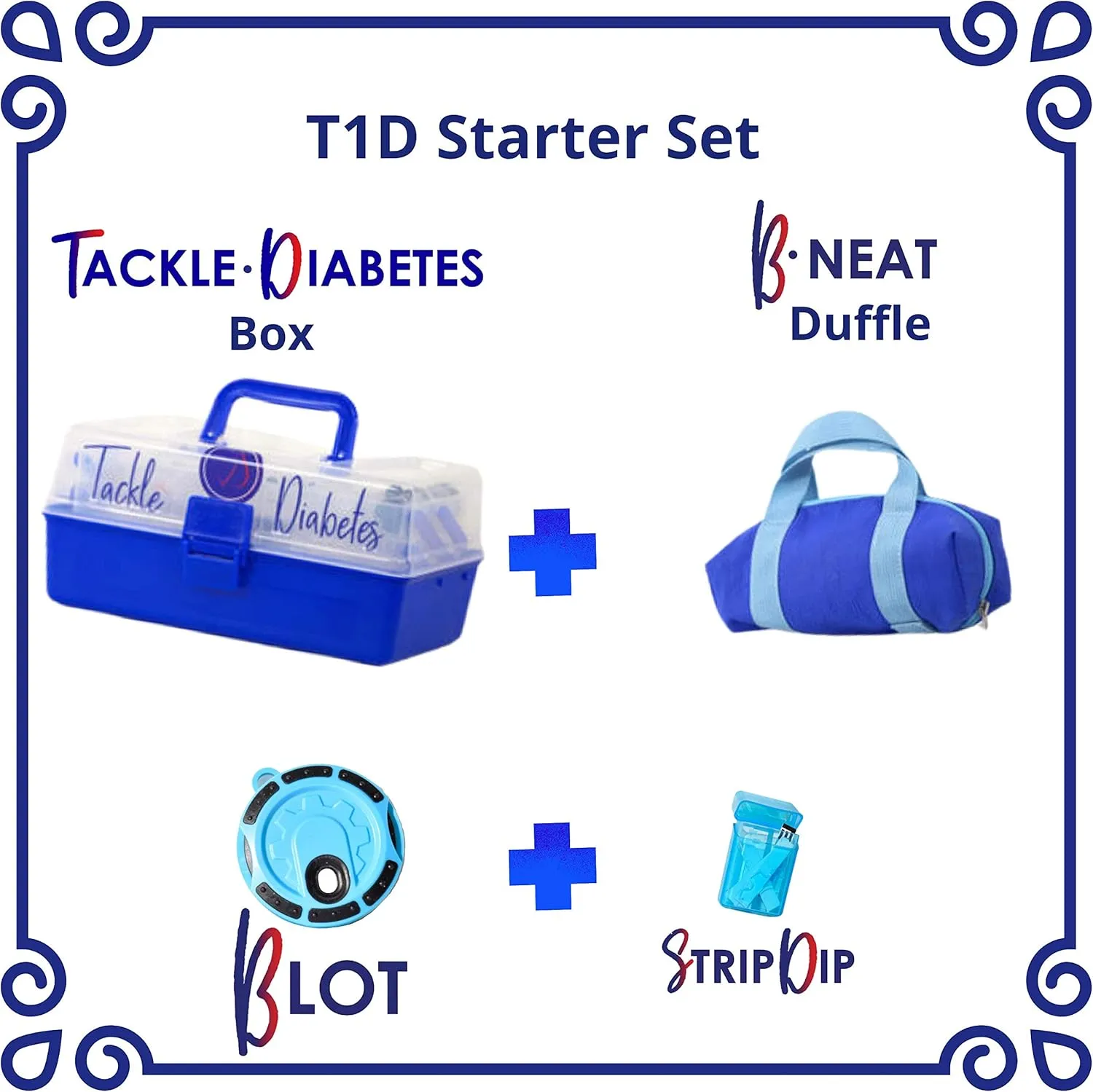 Diabetic Travel Case Tackle Diabetes Box T1D Starter Set - Designed to Hold All T1D Tools Plus - Comes with Strip Drip, Light Blue Blot and Mini Duffle - Sizing: 11 x 6 x 5.5 inches