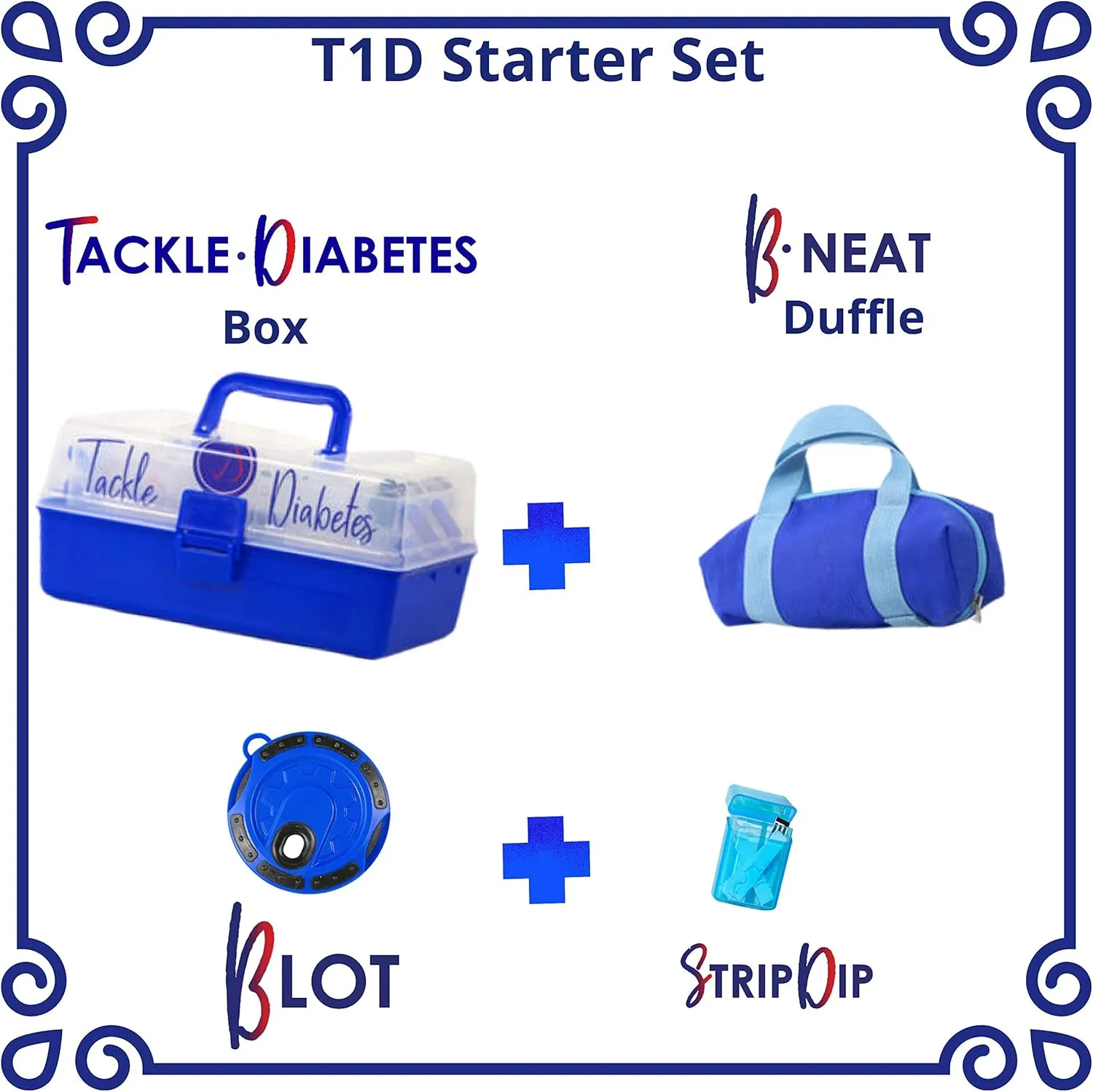 Diabetic Travel Case Tackle Diabetes Box T1D Starter Set - Designed to Hold All T1D Tools Plus - Comes with Strip Drip, Royal Blue Blot and Mini Duffle - Sizing: 11 x 6 x 5.5 inches