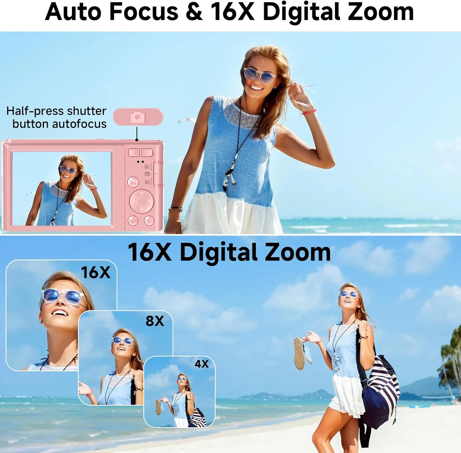 Digital Camera, FHD 4K 44MP Digital Camera for Photography, 16X Digital Zoom, Digital Point and Shoot Camera with 3-LED Fill Lights, 64GB SD Card, Compact Camera for Kids Teen Boys Girls, Pink