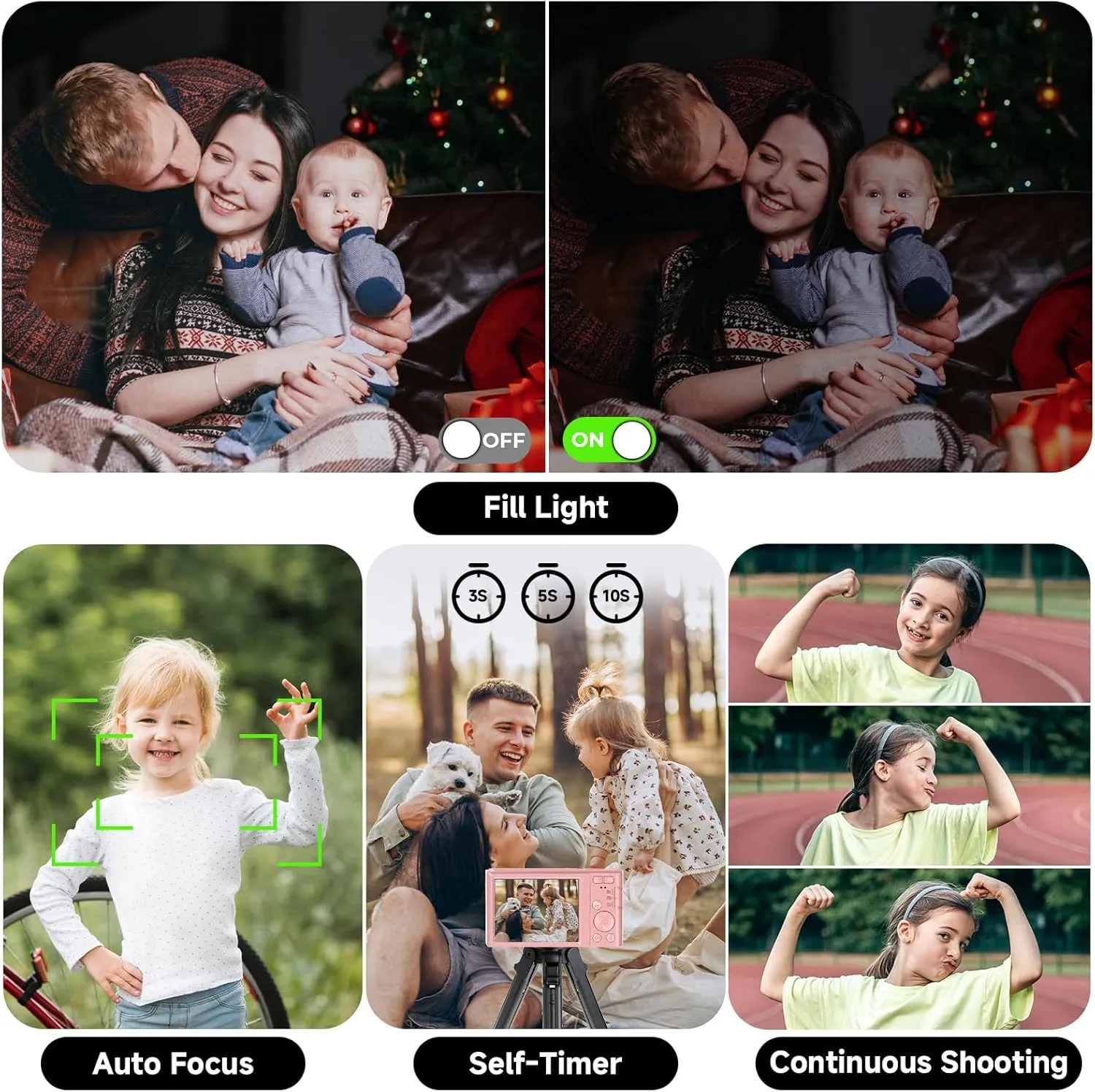 Digital Camera, FHD 4K 44MP Digital Camera for Photography, 16X Digital Zoom, Digital Point and Shoot Camera with 3-LED Fill Lights, 64GB SD Card, Compact Camera for Kids Teen Boys Girls, Pink
