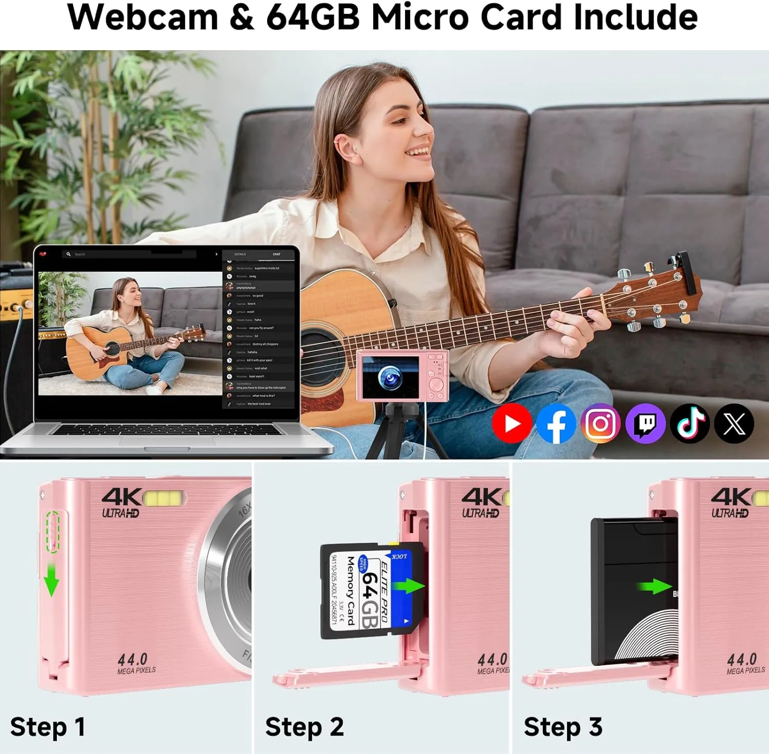 Digital Camera, FHD 4K 44MP Digital Camera for Photography, 16X Digital Zoom, Digital Point and Shoot Camera with 3-LED Fill Lights, 64GB SD Card, Compact Camera for Kids Teen Boys Girls, Pink