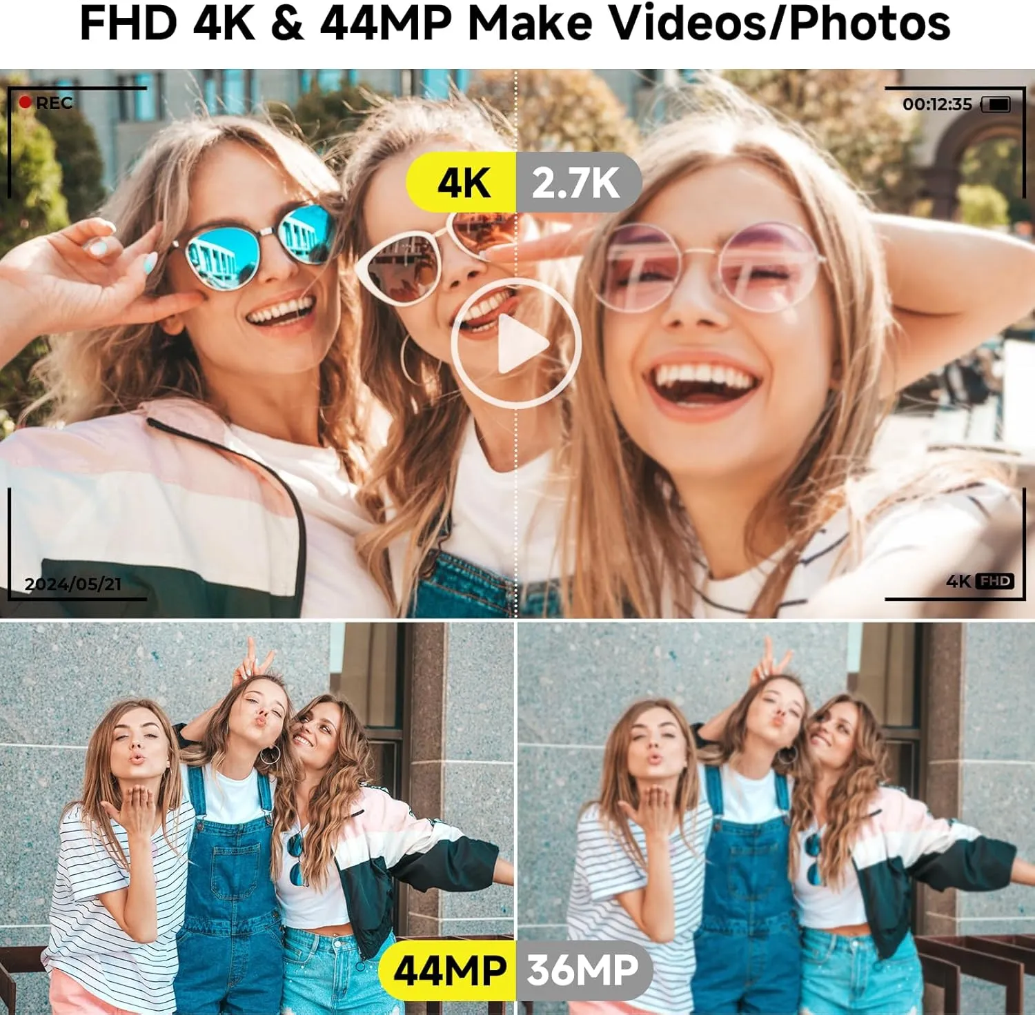 Digital Camera, FHD 4K 44MP Digital Camera for Photography, 16X Digital Zoom, Digital Point and Shoot Camera with 3-LED Fill Lights, 64GB SD Card, Compact Camera for Kids Teen Boys Girls, Pink