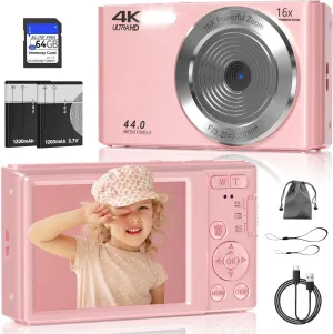 Digital Camera, FHD 4K 44MP Digital Camera for Photography, 16X Digital Zoom, Digital Point and Shoot Camera with 3-LED Fill Lights, 64GB SD Card, Compact Camera for Kids Teen Boys Girls, Pink