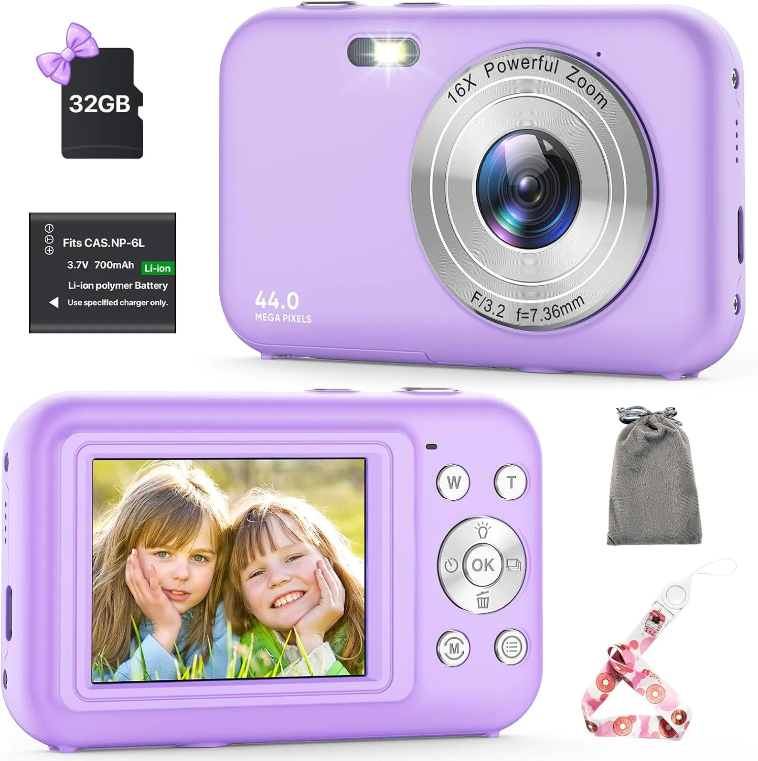 Digital Camera, Kids Camera with 32GB Card, FHD 1080P 44MP Vlogging Camera, 16X Zoom Point and Shoot Digital Camera Compact Portable Rechargeable Cameras for Teens Boys Girls Seniors Students (Purple)