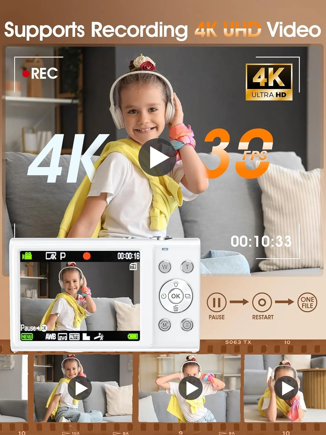 Digital Camera,Autofocus 4K Vlogging Camera for Photography with 32GB Card,48MP Portable Compact Point and Shoot Digital Camera for Teens Adult Beginner with 16X Zoom,Anti-Shake,2 Batteries(White)