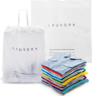 Disposable Travel Laundry Bags for Dirty Clothes, 18x19x4 Inch. 100 Pack White Hotel Plastic Laundry Bags, 1.25 Mil. Semi-Translucent Plastic Disposable Drawstring Bags with Write On Block