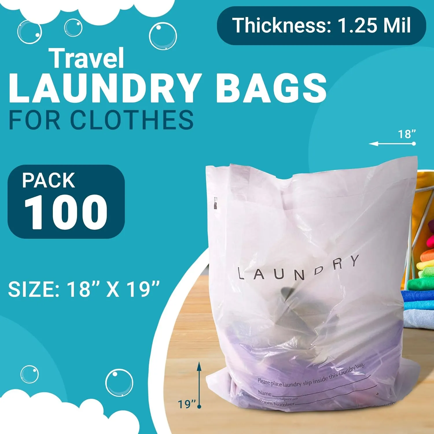 Disposable Travel Laundry Bags for Dirty Clothes, 18x19x4 Inch. 100 Pack White Hotel Plastic Laundry Bags, 1.25 Mil. Semi-Translucent Plastic Disposable Drawstring Bags with Write On Block