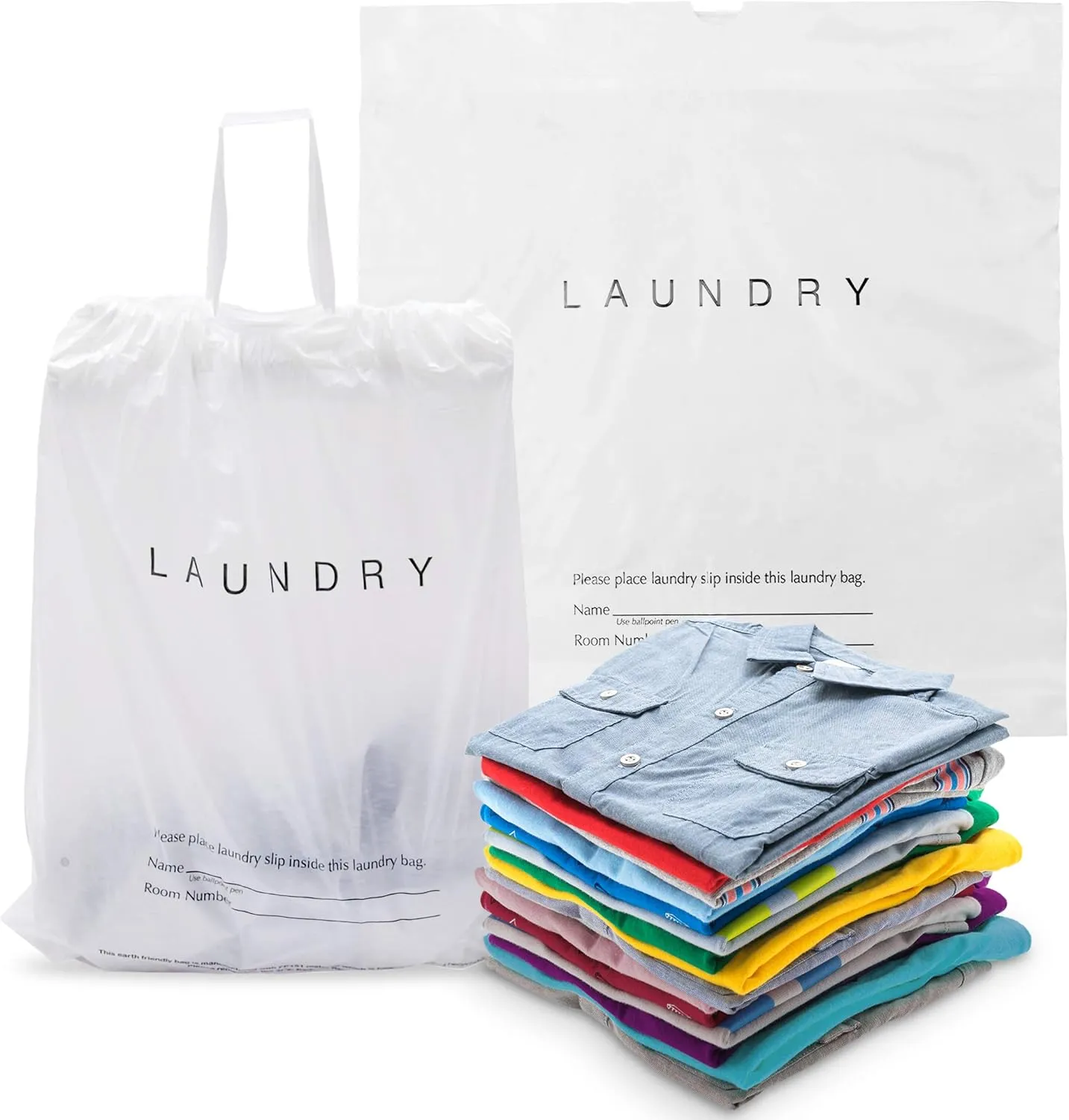 Disposable Travel Laundry Bags for Dirty Clothes, 18x19x4 Inch. 100 Pack White Hotel Plastic Laundry Bags, 1.25 Mil. Semi-Translucent Plastic Disposable Drawstring Bags with Write On Block