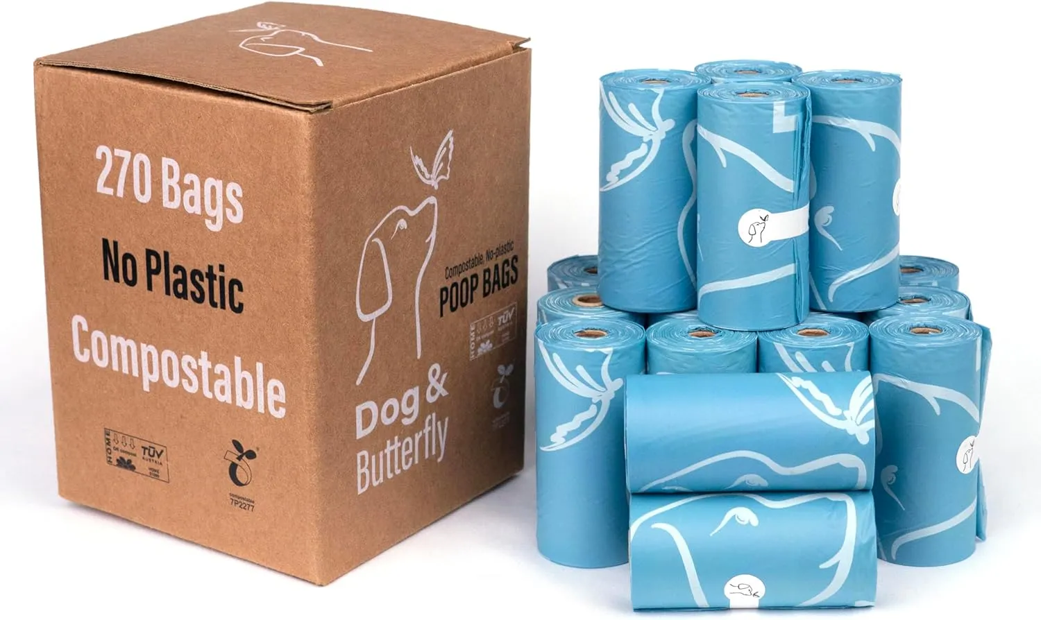 DOG & BUTTERFLY™ THE MOST BEAUTIFUL BAGS ON THE PLANET. 100% CERTIFIED COMPOSTABLE, 270Q. Easy-Open, No Plastic, Leak-Proof, Tear-Proof