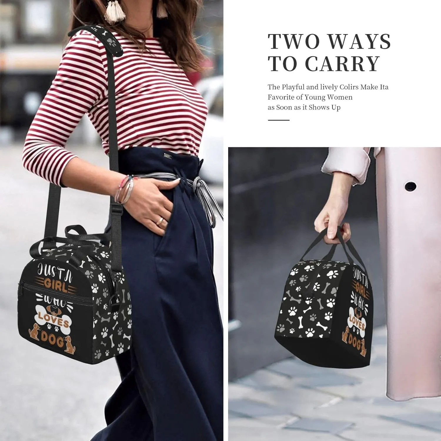 Dog Paws And Bones Lunch Bag Dogs Lovers Reusable Insulated Lunch Tote Bag Lunchbox Container With Adjustable Shoulder Strap For Office Work Picnic Travel