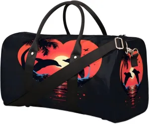 Dolphin Sunset Duffel Bag Sport Gym Duffle Bag Dolphin Travel Bag Waterproof Weekender Overnight Tote Bag Foldable Carry on Bag Training Shoulder Bag for Women Men