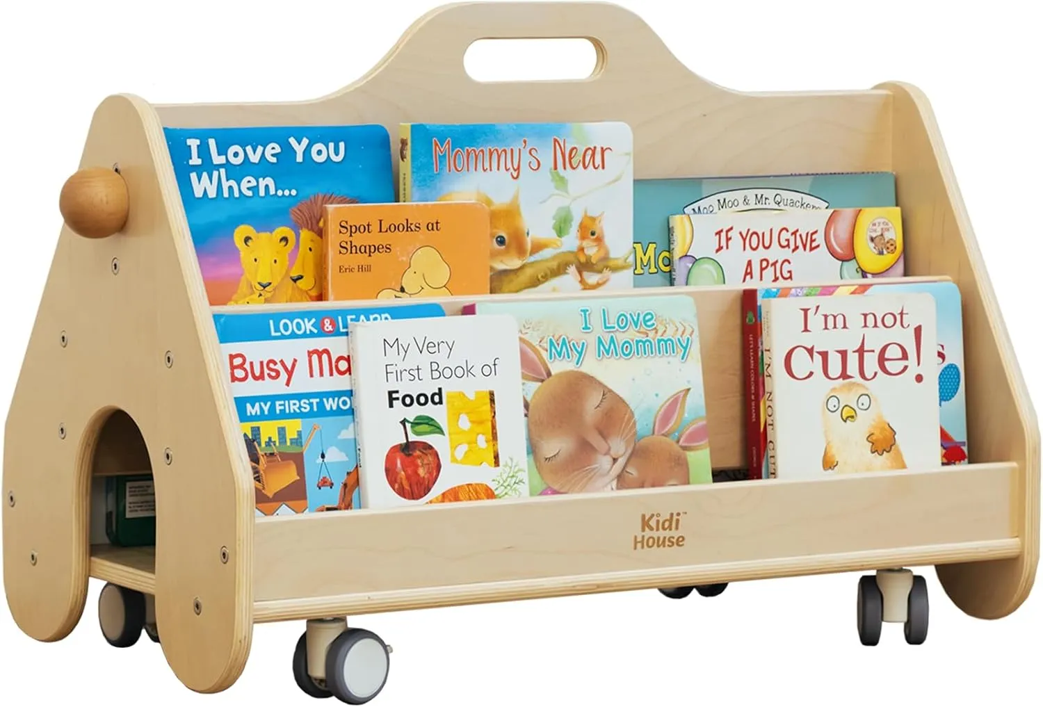 Double-Sided Kids Bookshelf with Wheels - Wooden Movable Birch Book Display Shelf Easy Reach Montessori Bookshelf for Baby Toddler Kids Room Nursery Classroom Playroom Living Room