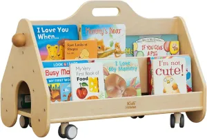 Double-Sided Kids Bookshelf with Wheels - Wooden Movable Birch Book Display Shelf Easy Reach Montessori Bookshelf for Baby Toddler Kids Room Nursery Classroom Playroom Living Room