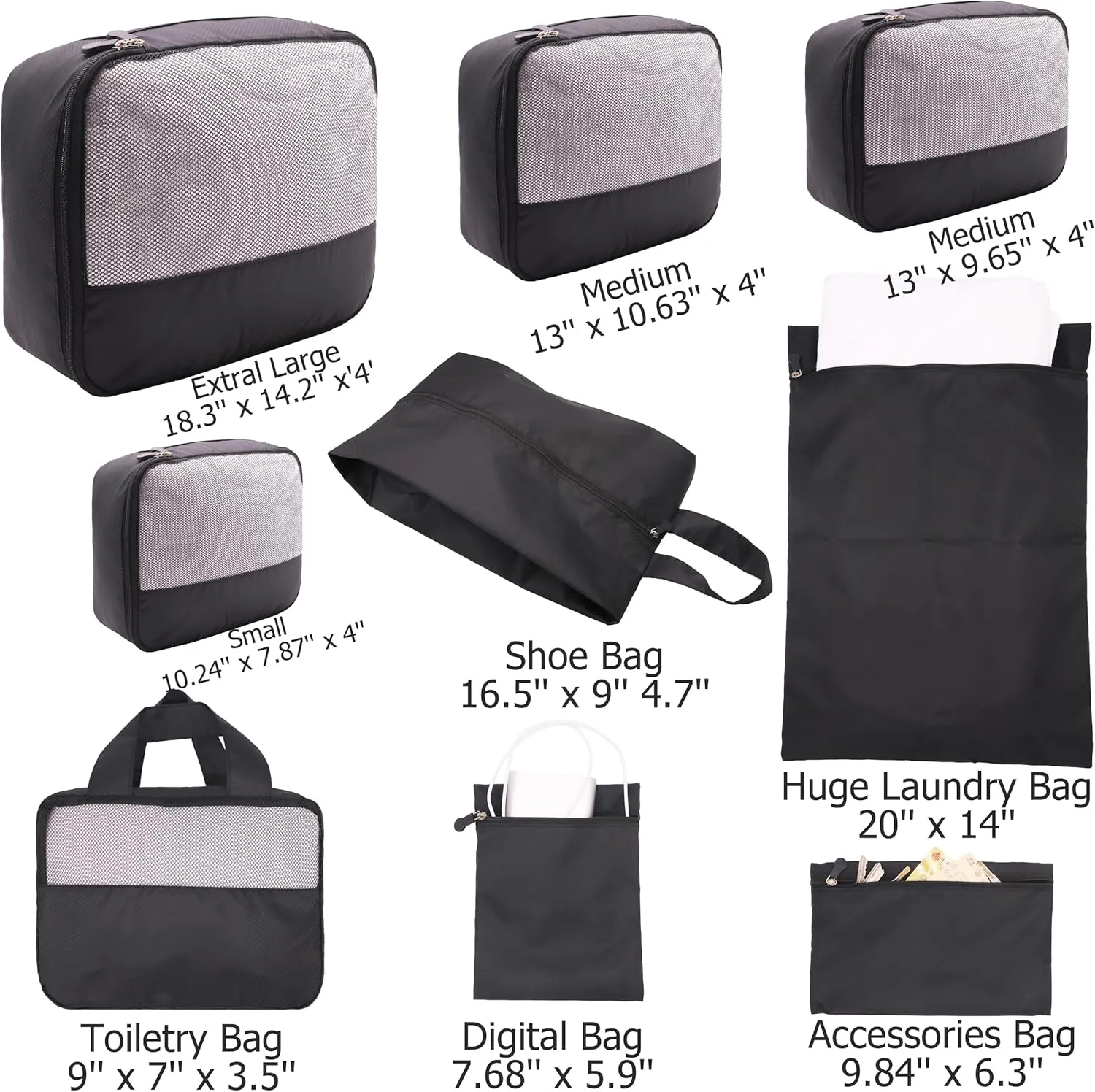 DoubleTrip 9-Piece Black Travel Organizer Set with 4 Packing Cubes, Cosmetic Organizer, Shoe & Electronics Pouches, and Accessories & Laundry Bag for Luggage Storage & Travel Essentials