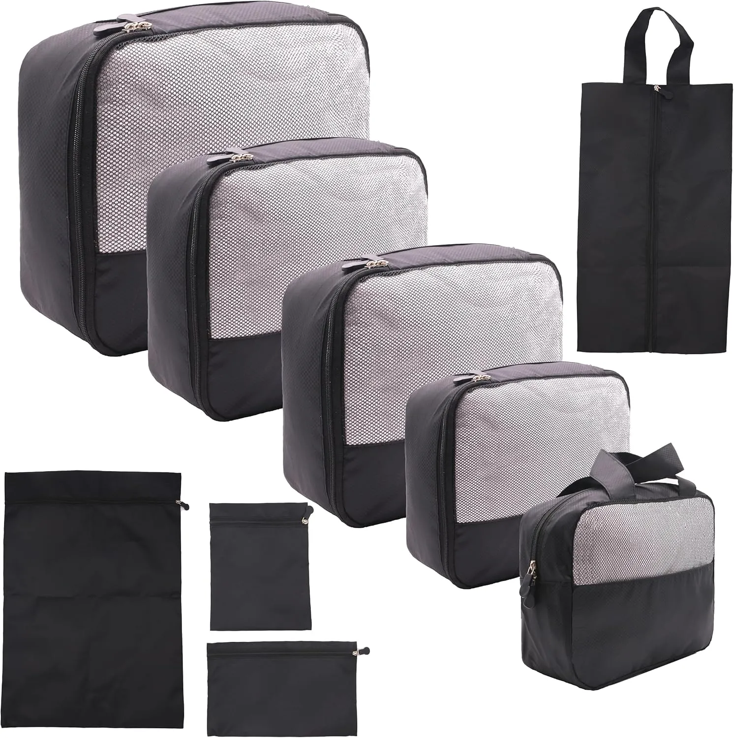 DoubleTrip 9-Piece Black Travel Organizer Set with 4 Packing Cubes, Cosmetic Organizer, Shoe & Electronics Pouches, and Accessories & Laundry Bag for Luggage Storage & Travel Essentials