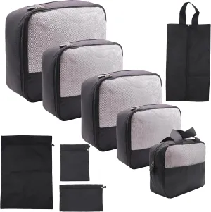 DoubleTrip 9-Piece Black Travel Organizer Set with 4 Packing Cubes, Cosmetic Organizer, Shoe & Electronics Pouches, and Accessories & Laundry Bag for Luggage Storage & Travel Essentials