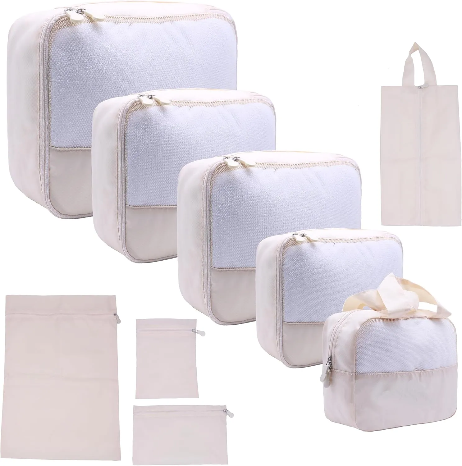 DoubleTrip 9-Piece Cream Travel Organizer Set with 4 Packing Cubes, Cosmetic Organizer, Shoe & Electronics Pouches, and Accessories & Laundry Bag for Luggage Storage & Travel Essentials