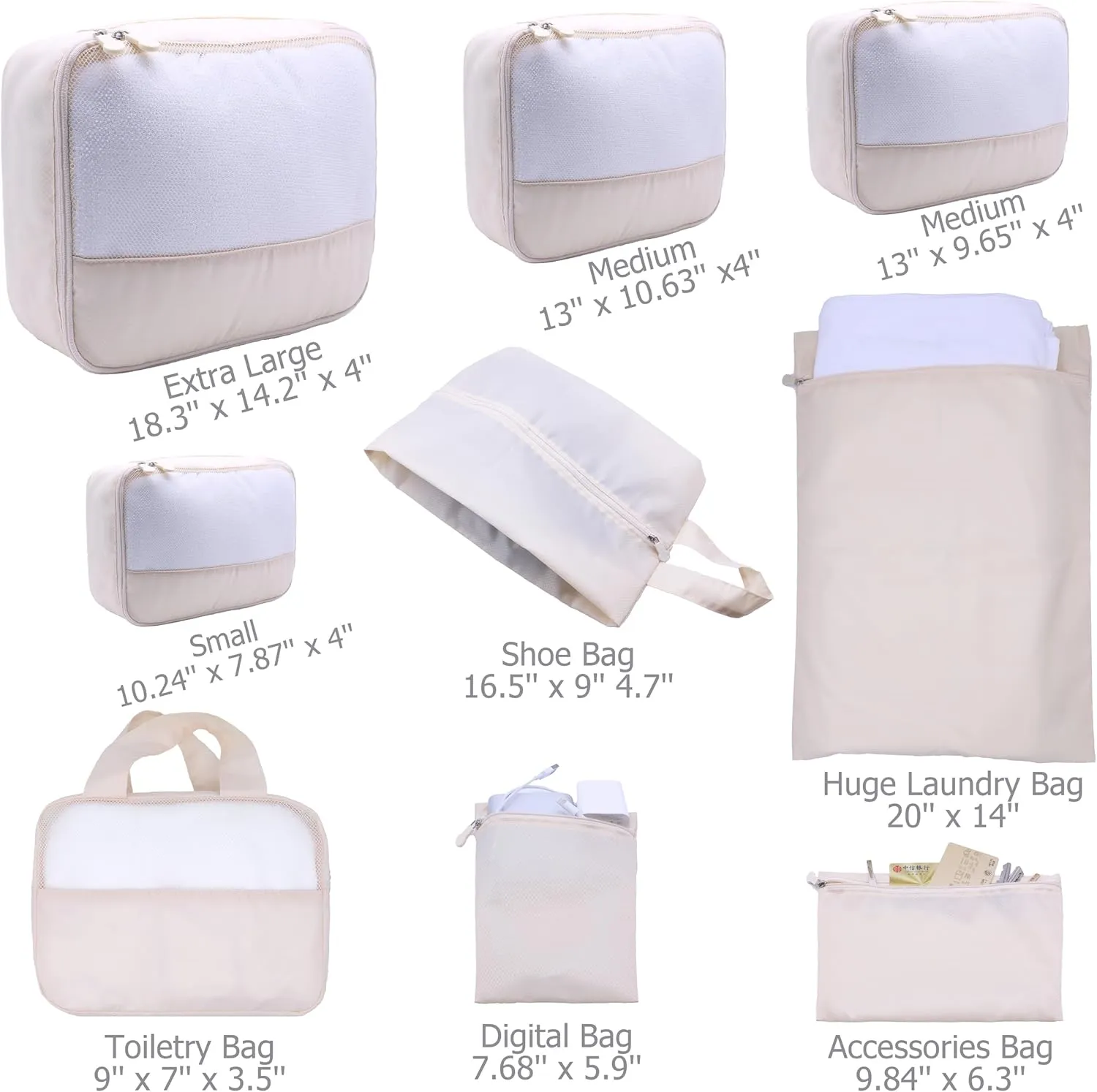 DoubleTrip 9-Piece Cream Travel Organizer Set with 4 Packing Cubes, Cosmetic Organizer, Shoe & Electronics Pouches, and Accessories & Laundry Bag for Luggage Storage & Travel Essentials