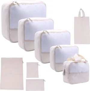 DoubleTrip 9-Piece Cream Travel Organizer Set with 4 Packing Cubes, Cosmetic Organizer, Shoe & Electronics Pouches, and Accessories & Laundry Bag for Luggage Storage & Travel Essentials