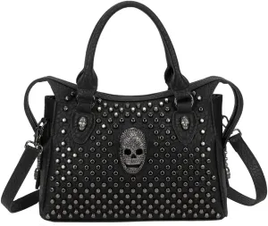 Downupdown Women Handbag Satchel Bag Rivet Skull Purse PU Leather Top Handle Bag Shoulder Crossbody Bag Punk Bag