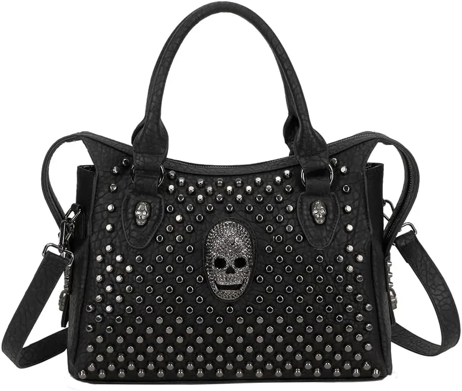 Downupdown Women Handbag Satchel Bag Rivet Skull Purse PU Leather Top Handle Bag Shoulder Crossbody Bag Punk Bag