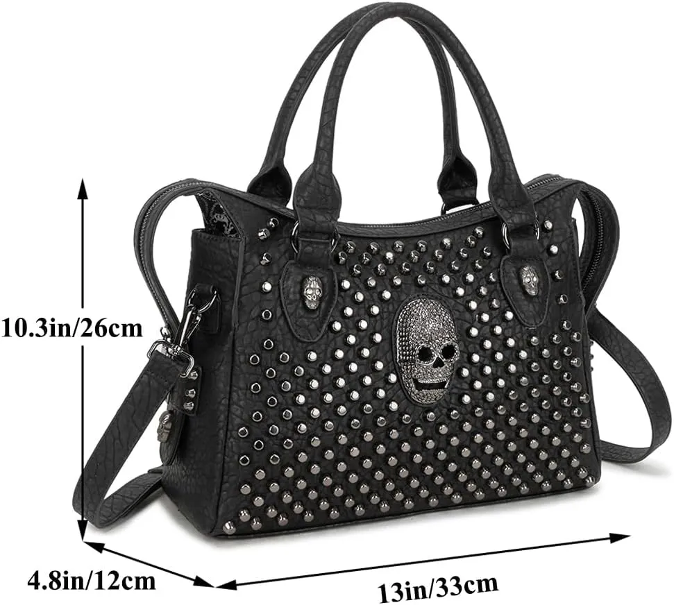 Downupdown Women Handbag Satchel Bag Rivet Skull Purse PU Leather Top Handle Bag Shoulder Crossbody Bag Punk Bag