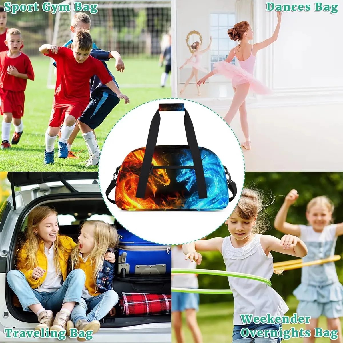 Dragon Fire Water Kids Duffel Bag for Boys, Sports Gym Bag Overnight Travel Weekender Bag Lightweight Carry On Sleepovers Bag for School Practice Gymnastics