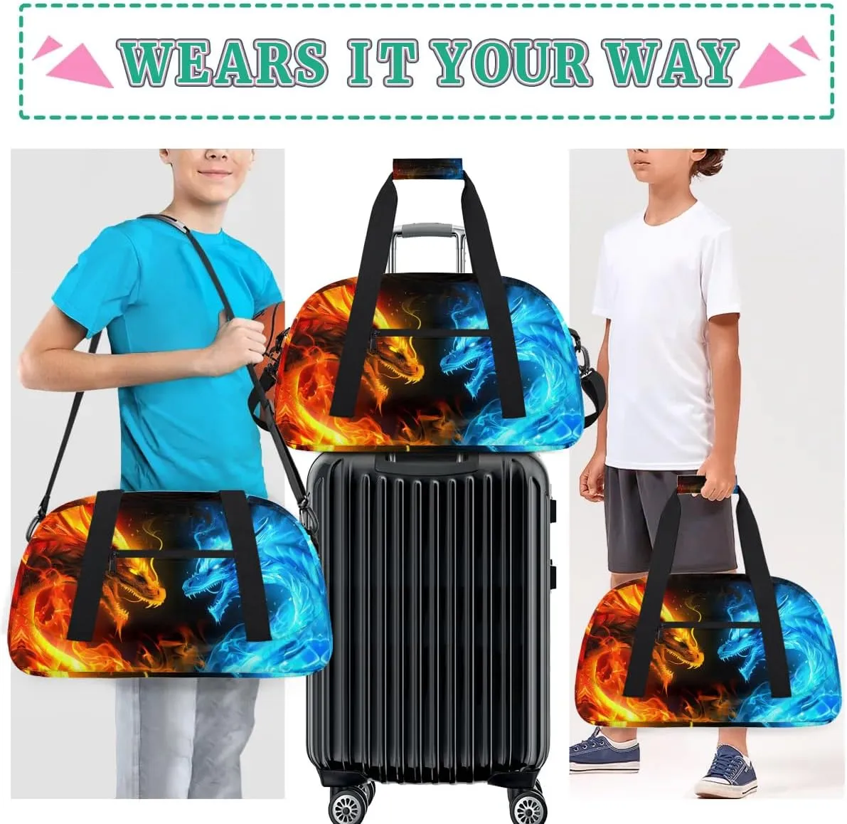Dragon Fire Water Kids Duffel Bag for Boys, Sports Gym Bag Overnight Travel Weekender Bag Lightweight Carry On Sleepovers Bag for School Practice Gymnastics